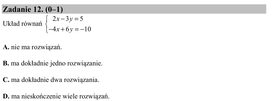 Zadanie 12: Liczba rozwiązań układu równań - matura matematyka 2016