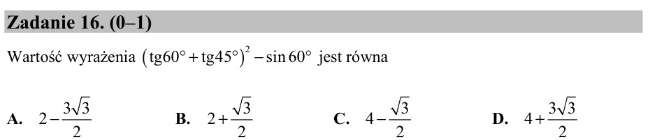 Zadanie 16: Wartość wyrażenia trygonometrycznego - matura matematyka 2016