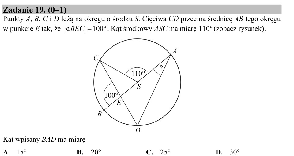 Zadanie 19: Miara kąta wpisanego - matura matematyka 2016