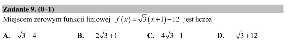 Zadanie 9: Miejsce zerowe funkcji liniowej - matura matematyka 2017