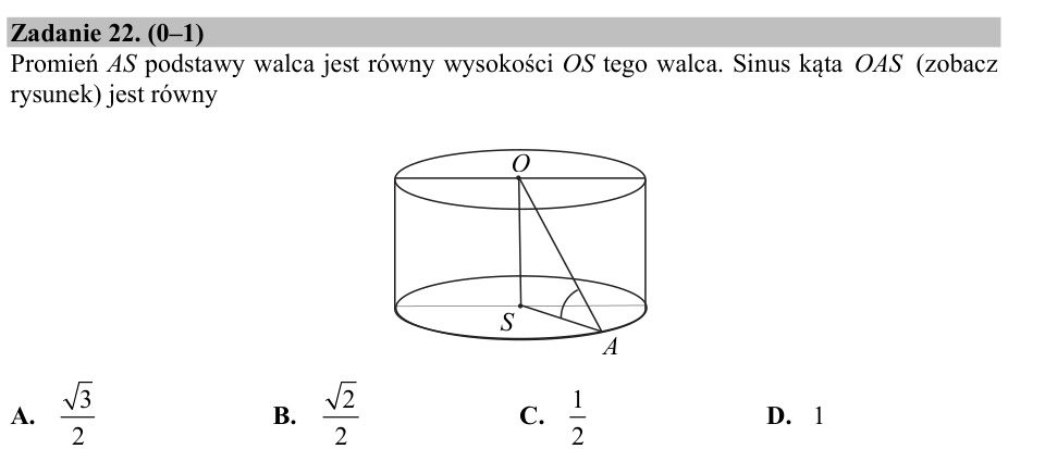 Zadanie 22: Sinus kąta w walcu - matura matematyka 2017