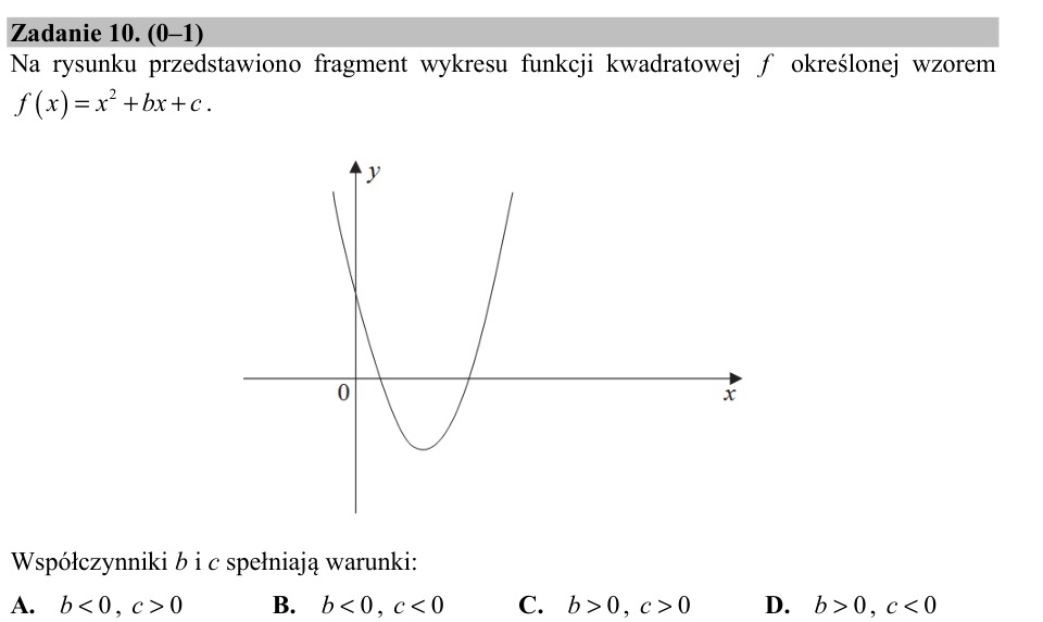 Zadanie 10: Znaki współczynników paraboli - matura matematyka 2017