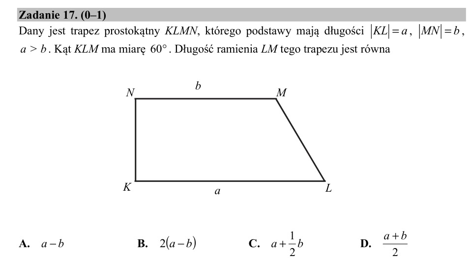 Zadanie 17: Długość ramienia trapezu - matura matematyka 2018