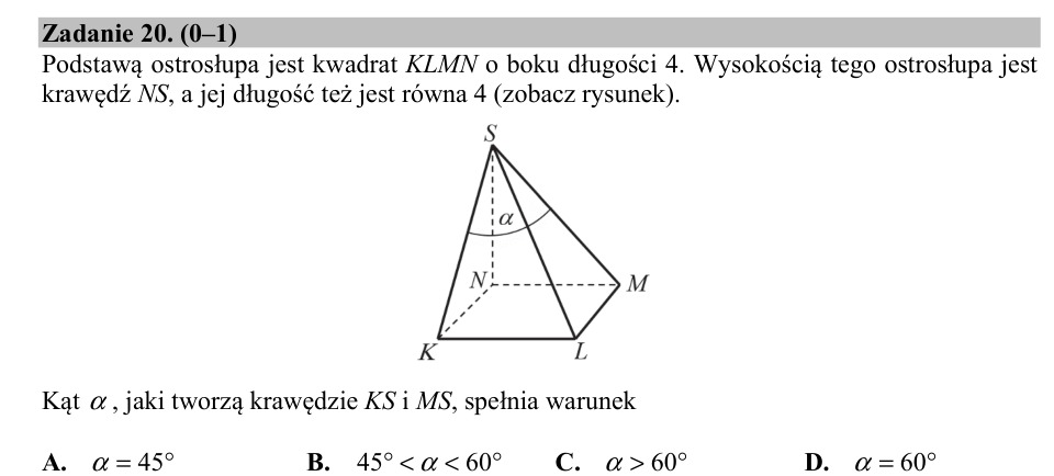 Zadanie 20: Kąt między krawędziami ostrosłupa - matura matematyka 2018