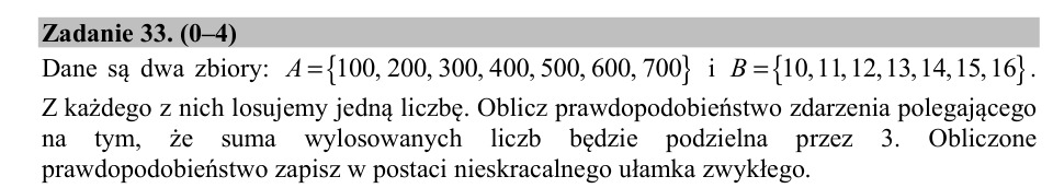 Zadanie 33: Prawdopodobieństwo sumy podzielnej - matura matematyka 2018