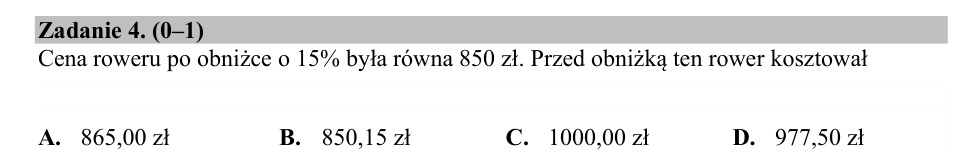 Zadanie 4: Cena roweru przed obniżką - matura matematyka 2018