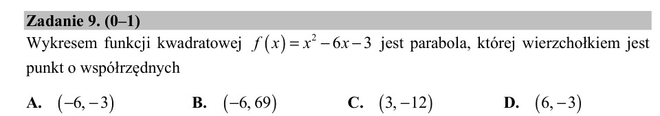 Zadanie 9: Wierzchołek paraboli - matura matematyka 2018