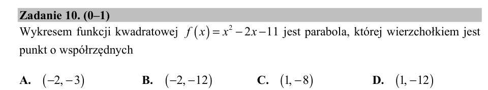 Zadanie 10: Wierzchołek paraboli - matura matematyka 2018