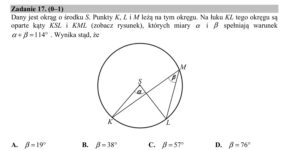 Zadanie 17: Miara kąta wpisanego - matura matematyka 2018