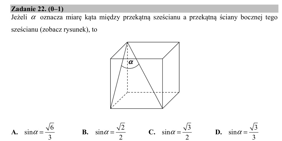 Zadanie 22: Sinus kąta między przekątnymi - matura matematyka 2018