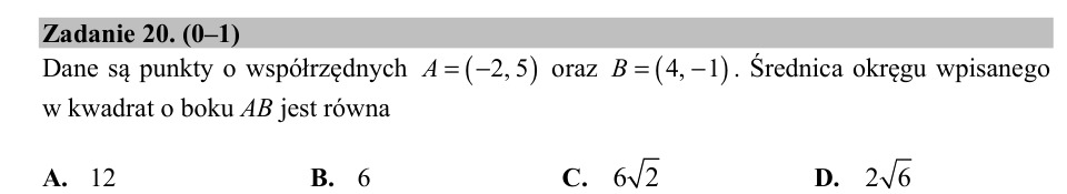 Zadanie 20: Średnica okręgu w kwadracie - matura matematyka 2019