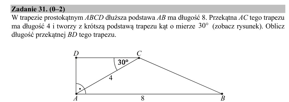 Zadanie 31: Przekątna trapezu prostokątnego - matura matematyka 2019