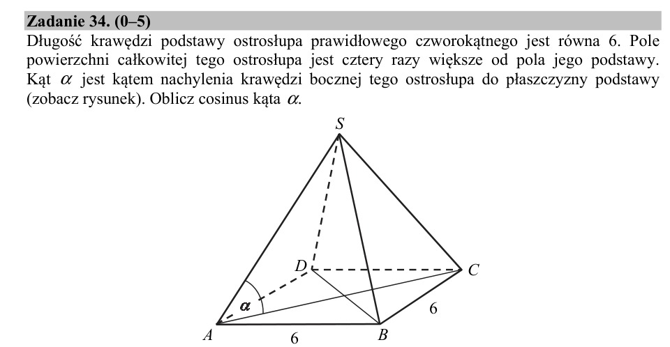 Zadanie 34: Cosinus kąta nachylenia - matura matematyka 2019