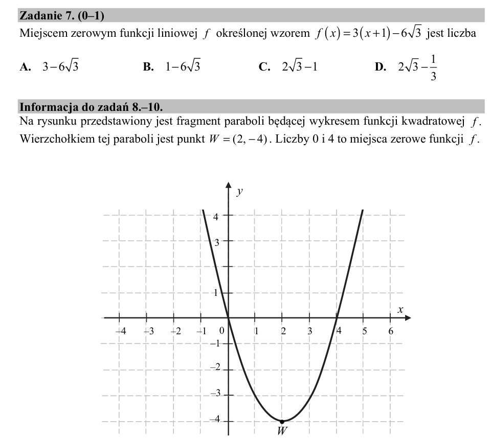 Zadanie 7: Miejsce zerowe funkcji liniowej - matura matematyka 2019