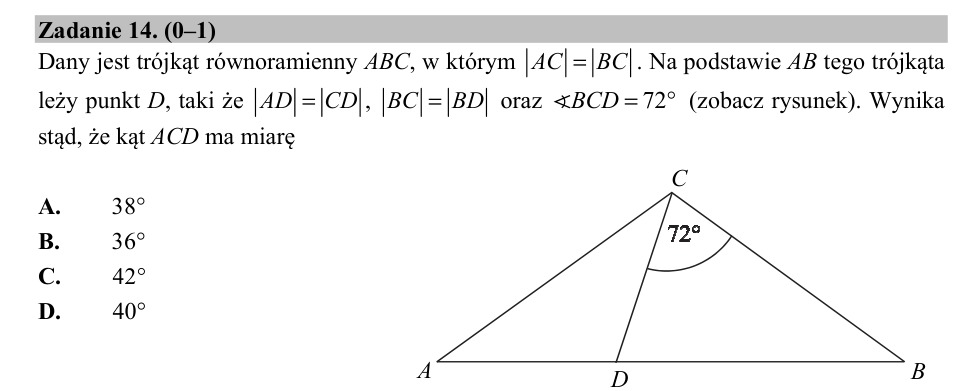 Zadanie 14: Miara kąta w trójkącie - matura matematyka 2019