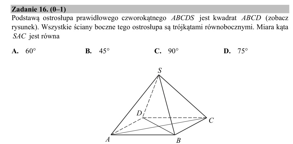 Zadanie 16: Kąt w ostrosłupie prawidłowym - matura matematyka 2019