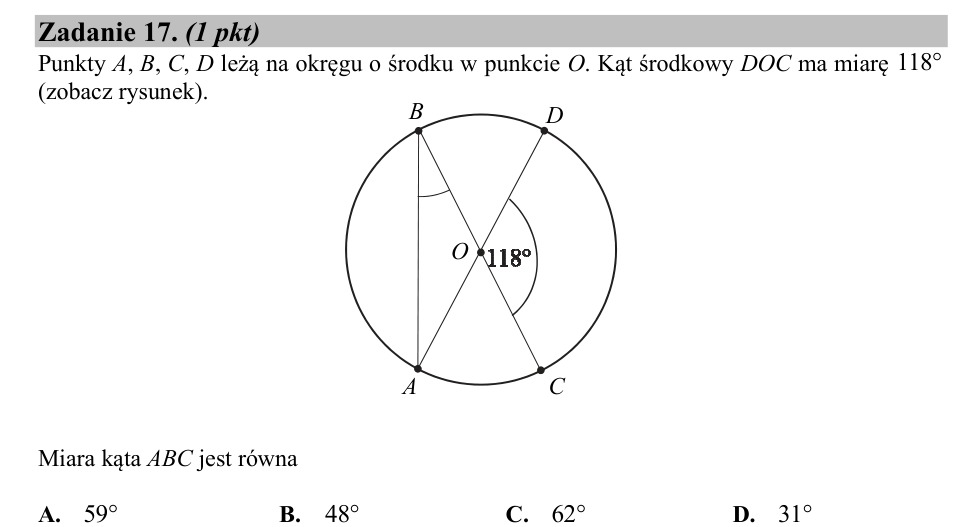 Zadanie 17: Miara kąta wpisanego - matura matematyka 2020