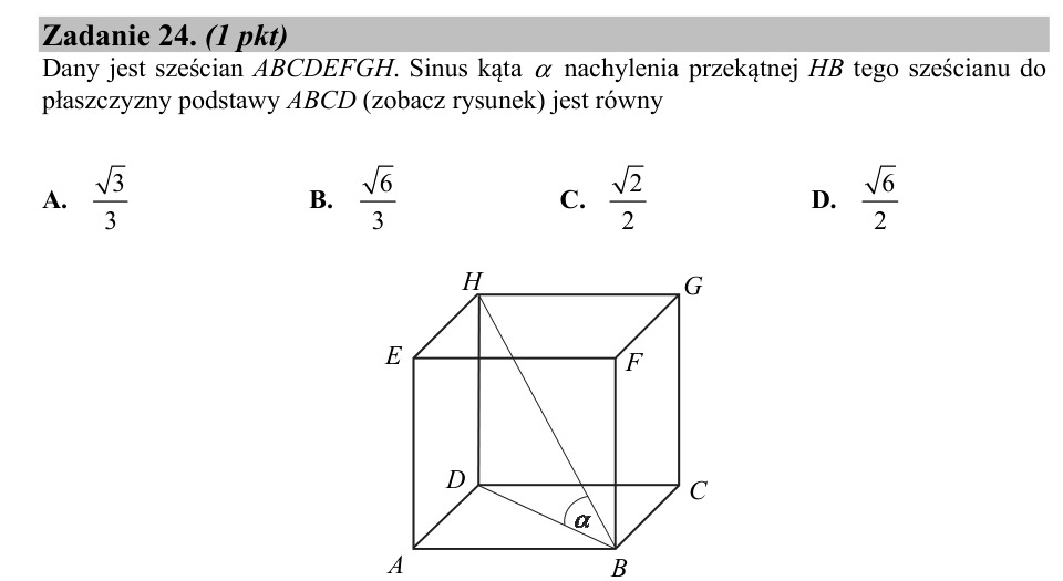 Zadanie 24: Sinus kąta nachylenia przekątnej - matura matematyka 2020