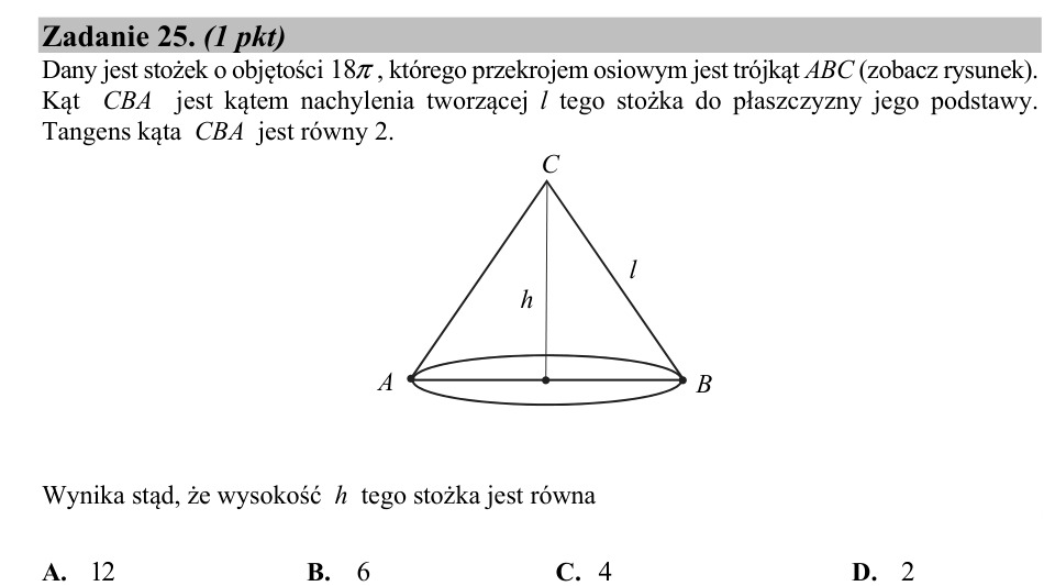 Zadanie 25: Wysokość stożka - matura matematyka 2020