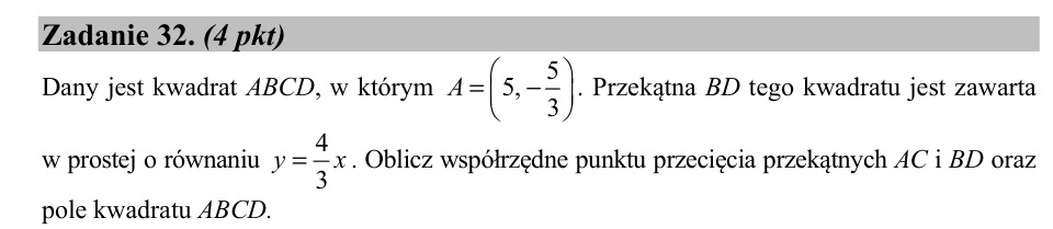 Zadanie 32: Współrzędne i pole kwadratu - matura matematyka 2020
