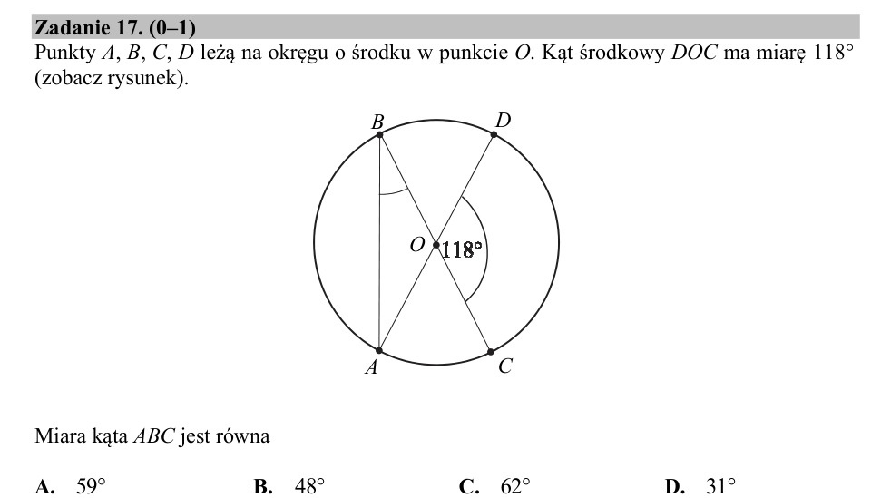 Zadanie 17: Miara kąta wpisanego - matura matematyka 2020