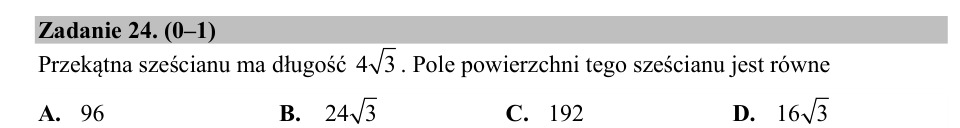 Zadanie 24: Pole powierzchni sześcianu - matura matematyka 2020