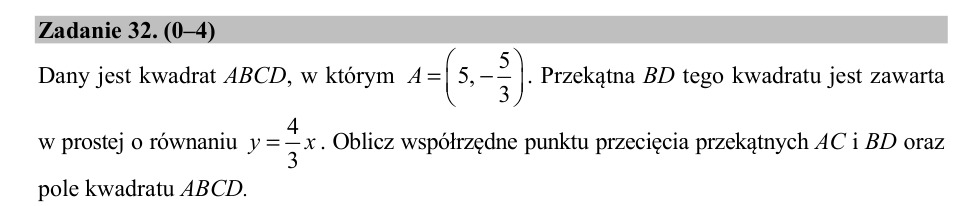Zadanie 32: Środek i pole kwadratu - matura matematyka 2020