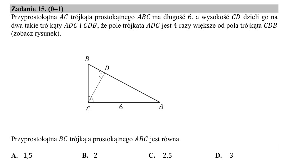 Zadanie 15: Przyprostokątna trójkąta prostokątnego - matura matematyka 2020