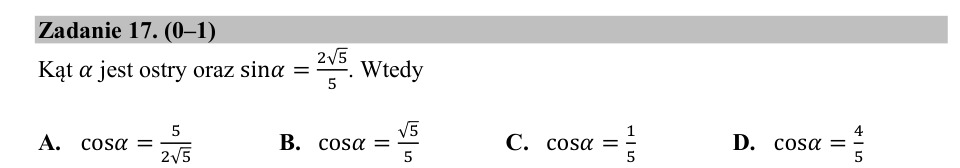 Zadanie 17: Cosinus kąta ostrego - matura matematyka 2020