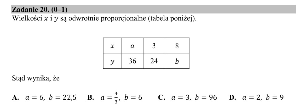 Zadanie 20: Wielkości odwrotnie proporcjonalne - matura matematyka 2020