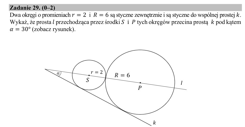 Zadanie 29: Kąt stycznej okręgów - matura matematyka 2020