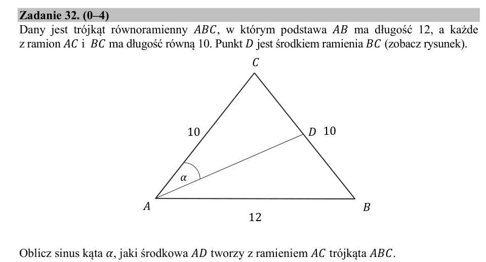 Zadanie 32: Sinus kąta przy środkowej - matura matematyka 2020