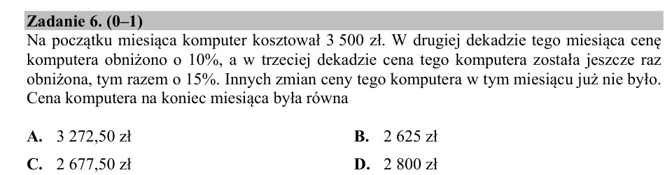 Zadanie 6: Cena komputera po obniżkach - matura matematyka 2020