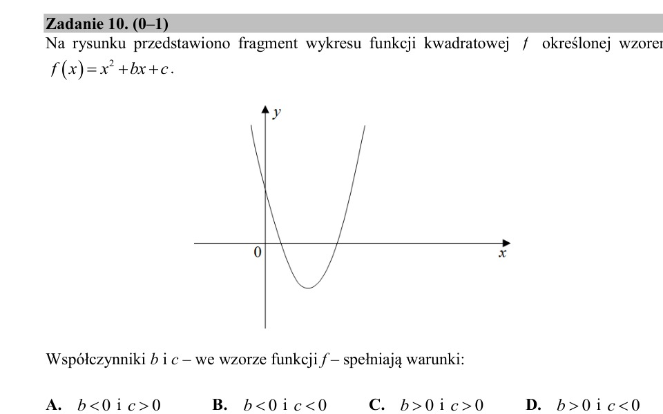 Zadanie 10: Współczynniki funkcji kwadratowej - matura matematyka 2020