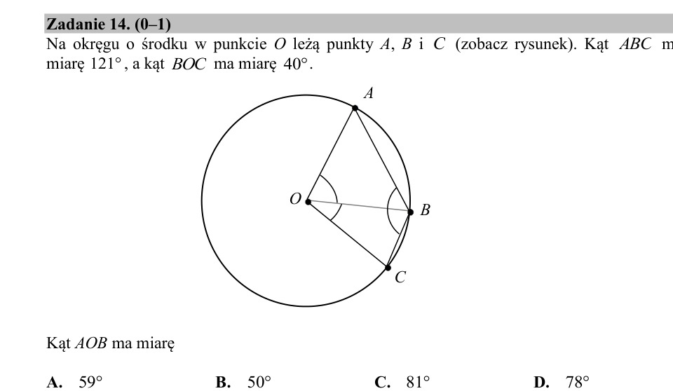 Zadanie 14: Miara kąta AOB - matura matematyka 2020