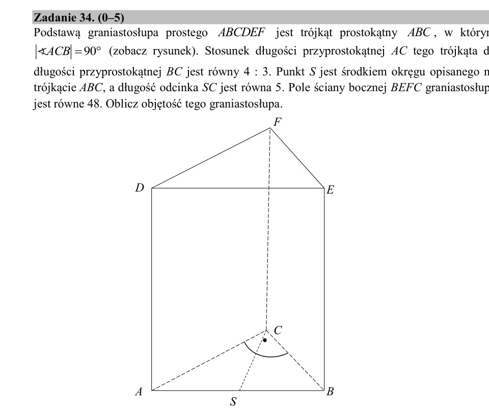 Zadanie 34: Objętość graniastosłupa prostego - matura matematyka 2020
