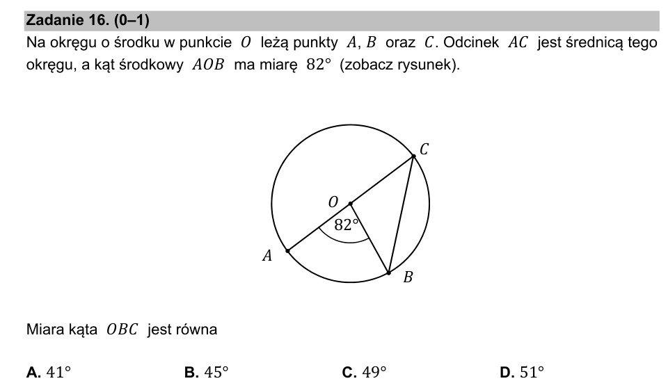 Zadanie 16: Miara kąta OBC - matura matematyka 2021