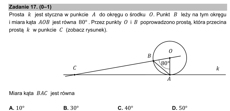 Zadanie 17: Kąt przy stycznej - matura matematyka 2021