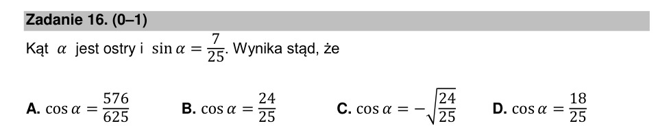 Zadanie 16: Cosinus kąta ostrego - matura matematyka 2021