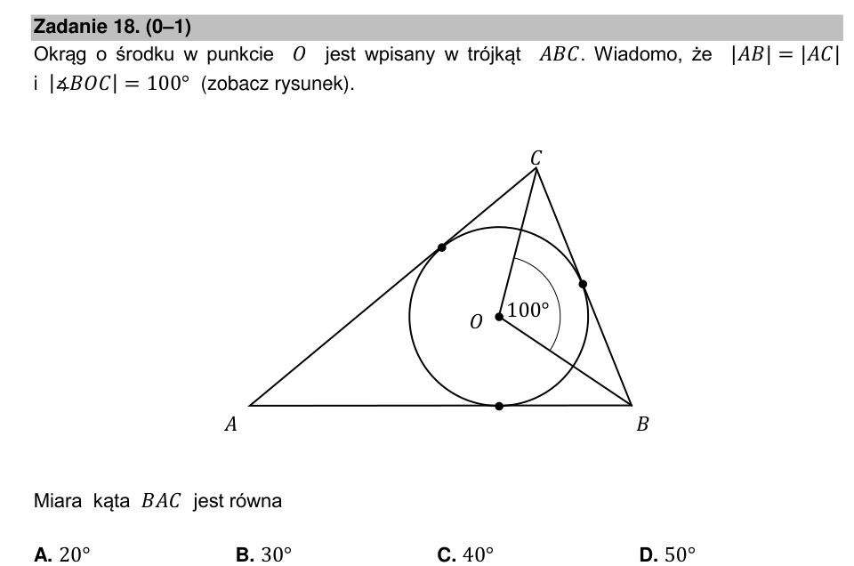 Zadanie 18: Kąt przy wierzchołku trójkąta - matura matematyka 2021