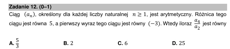 Zadanie 12: Iloraz wyrazów ciągu arytmetycznego - matura matematyka 2021