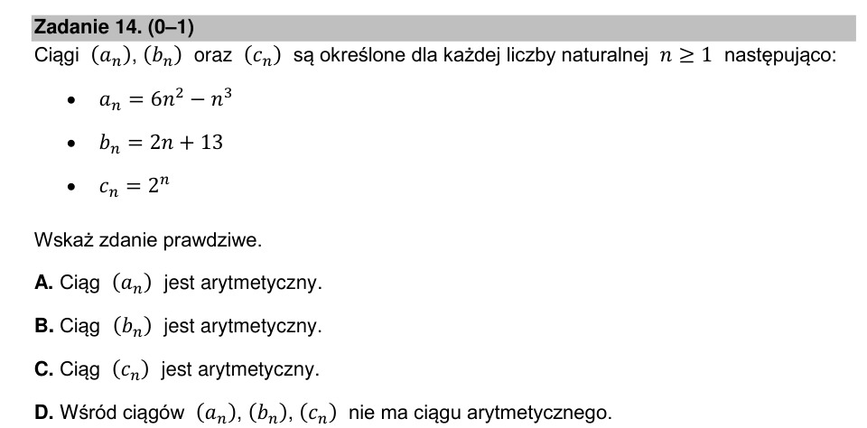 Zadanie 14: Który ciąg jest arytmetyczny - matura matematyka 2021
