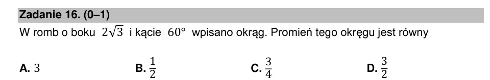 Zadanie 16: Promień okręgu w rombie - matura matematyka 2021