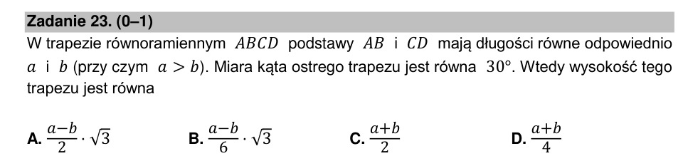 Zadanie 23: Wysokość trapezu równoramiennego - matura matematyka 2021