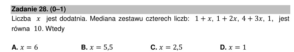 Zadanie 28: Mediana zestawu czterech liczb - matura matematyka 2021