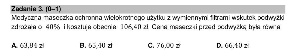 Zadanie 3: Cena maseczki przed podwyżką - matura matematyka 2021
