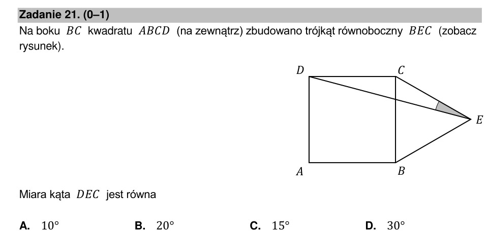 Zadanie 21: Kąt przy kwadracie i trójkącie - matura matematyka 2022