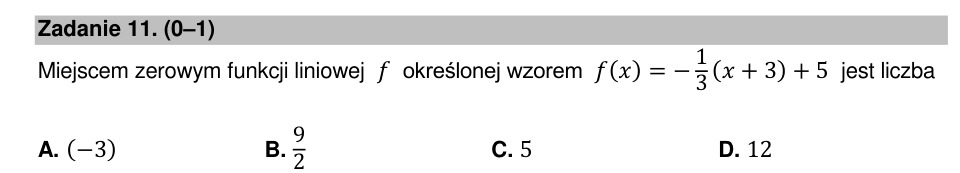 Zadanie 11: Miejsce zerowe funkcji liniowej - matura matematyka 2022