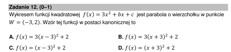 Zadanie 12: Postać kanoniczna paraboli - matura matematyka 2022