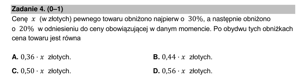 Zadanie 4: Cena po dwóch obniżkach - matura matematyka 2022